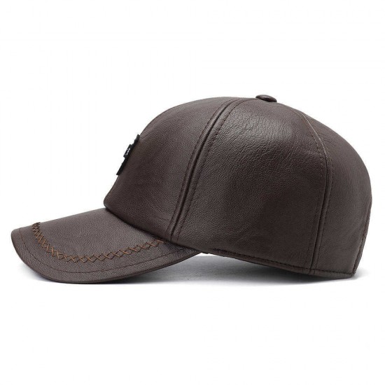 Winter Artificial Leather Cotton Lining Letter Badge Dad Hat Outdoor Adjustable Baseball Cap