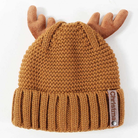 Winter Cute Antler Plus Velvet Thick Warm Earmuffs Knit Hat Christmas Cashmere Beanie Cap