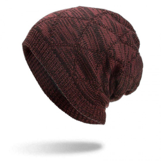 Winter Diamond Plaid Plus Velvet Earmuffs Knitted Sweater Hat  Slouch Warm Beanie Caps