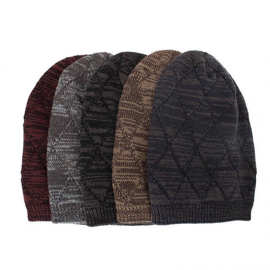 Winter Diamond Plaid Plus Velvet Earmuffs Knitted Sweater Hat  Slouch Warm Beanie Caps