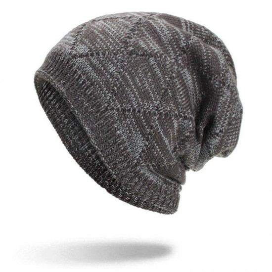 Winter Diamond Plaid Plus Velvet Earmuffs Knitted Sweater Hat  Slouch Warm Beanie Caps