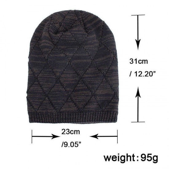 Winter Diamond Plaid Plus Velvet Earmuffs Knitted Sweater Hat  Slouch Warm Beanie Caps