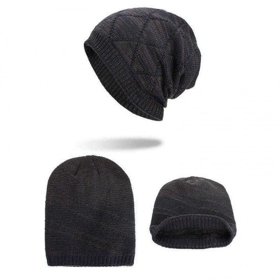 Winter Diamond Plaid Plus Velvet Earmuffs Knitted Sweater Hat  Slouch Warm Beanie Caps