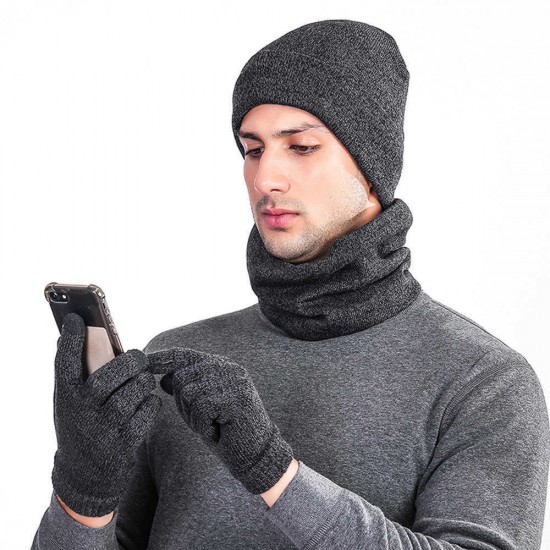 Winter Knit Hat Scarf Touch Screen Gloves Set Men Women Plus Velvet Windproof Earmuffs Cap Suit