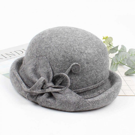 Winter Pure Wool Felt Fedora Jazz Hat Bowknot Derby Elegant Casual Bowler For Ladies