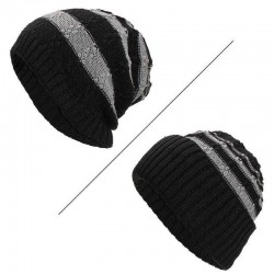 Winter Stripe Coral Fleece Double Layers Beanie Caps Outdoor Thicken Knitted Hat for Men Women