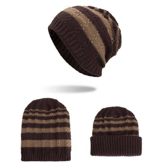 Winter Stripe Coral Fleece Double Layers Beanie Caps Outdoor Thicken Knitted Hat for Men Women