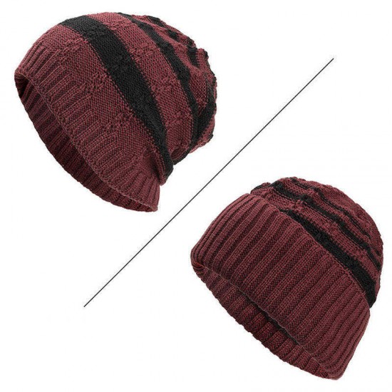 Winter Stripe Coral Fleece Double Layers Beanie Caps Outdoor Thicken Knitted Hat for Men Women