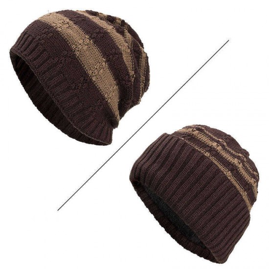 Winter Stripe Coral Fleece Double Layers Beanie Caps Outdoor Thicken Knitted Hat for Men Women