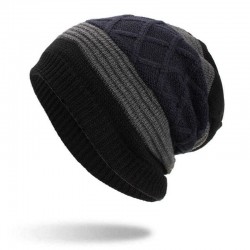 Winter Stripe Plaid Plus Velvet Earmuffs Knitted Hat Double Layers Slouch Beanie Caps