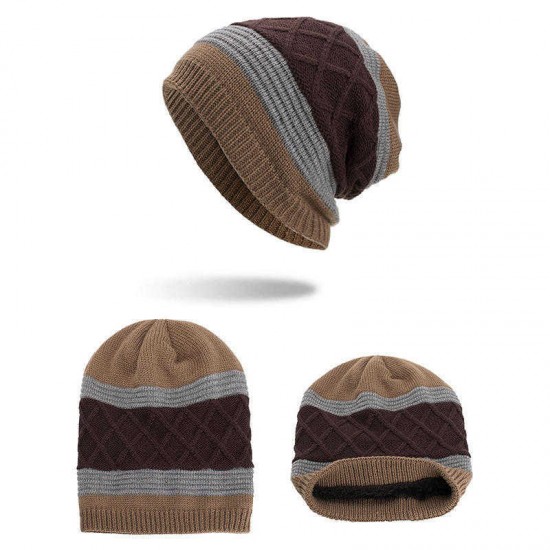 Winter Stripe Plaid Plus Velvet Earmuffs Knitted Hat Double Layers Slouch Beanie Caps