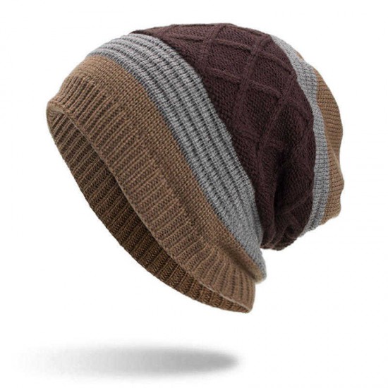 Winter Stripe Plaid Plus Velvet Earmuffs Knitted Hat Double Layers Slouch Beanie Caps