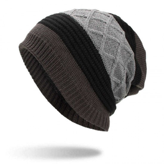 Winter Stripe Plaid Plus Velvet Earmuffs Knitted Hat Double Layers Slouch Beanie Caps