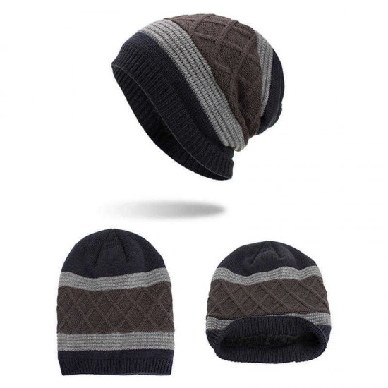 Winter Stripe Plaid Plus Velvet Earmuffs Knitted Hat Double Layers Slouch Beanie Caps