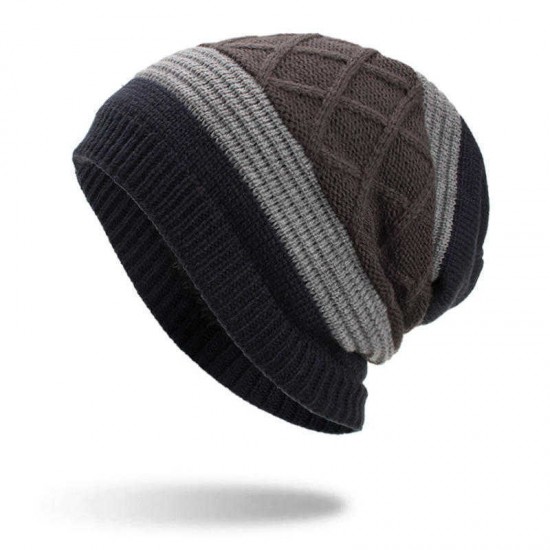 Winter Stripe Plaid Plus Velvet Earmuffs Knitted Hat Double Layers Slouch Beanie Caps