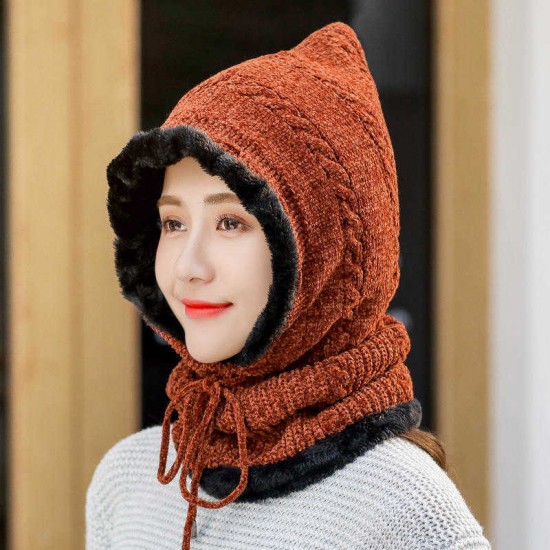 Winter Thicken Plus Velvet Cycling Siamese Ski Knit Hat Scarf Windproof Earmuffs Beanie