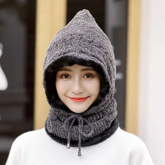 Winter Thicken Plus Velvet Cycling Siamese Ski Knit Hat Scarf Windproof Earmuffs Beanie