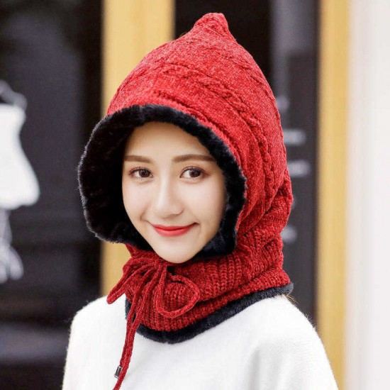 Winter Thicken Plus Velvet Cycling Siamese Ski Knit Hat Scarf Windproof Earmuffs Beanie