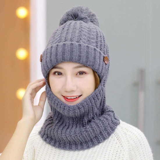 Winter Thicken Plus Velvet Siamese Knit Hat Scarf Windproof Earmuffs Ski Beanie Cap for Women