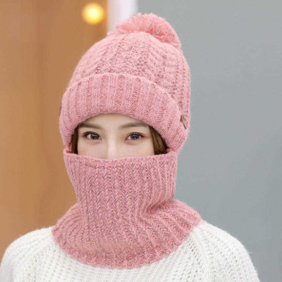 Winter Thicken Plus Velvet Siamese Knit Hat Scarf Windproof Earmuffs Ski Beanie Cap for Women