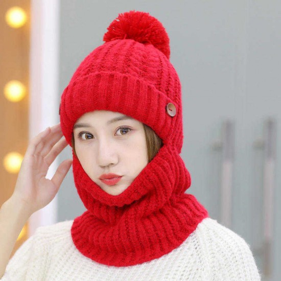 Winter Thicken Plus Velvet Siamese Knit Hat Scarf Windproof Earmuffs Ski Beanie Cap for Women