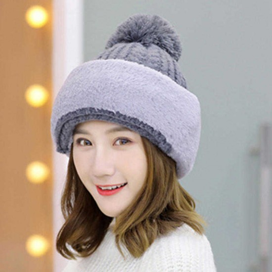 Winter Thicken Plus Velvet Siamese Knit Hat Scarf Windproof Earmuffs Ski Beanie Cap for Women