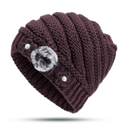 Winter Warm Fashion Lined Velvet Two Pearls Blossom Ball Knit Weaving Elegant Hat Beanie