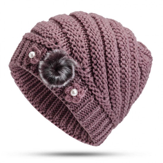 Winter Warm Fashion Lined Velvet Two Pearls Blossom Ball Knit Weaving Elegant Hat Beanie