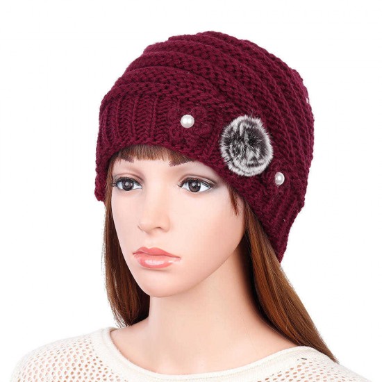 Winter Warm Fashion Lined Velvet Two Pearls Blossom Ball Knit Weaving Elegant Hat Beanie