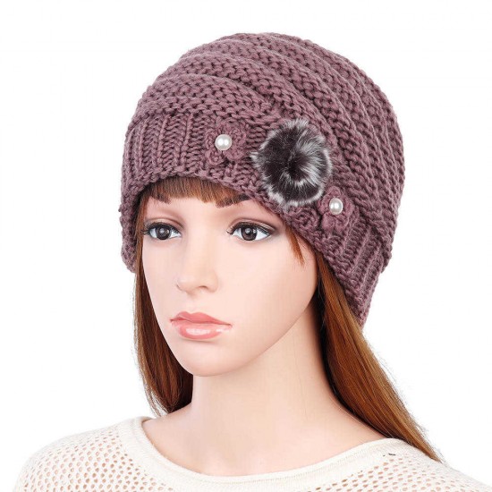 Winter Warm Fashion Lined Velvet Two Pearls Blossom Ball Knit Weaving Elegant Hat Beanie