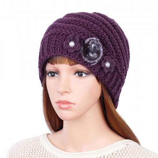 Winter Warm Fashion Lined Velvet Two Pearls Blossom Ball Knit Weaving Elegant Hat Beanie