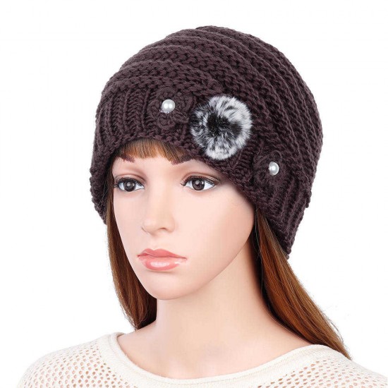 Winter Warm Fashion Lined Velvet Two Pearls Blossom Ball Knit Weaving Elegant Hat Beanie