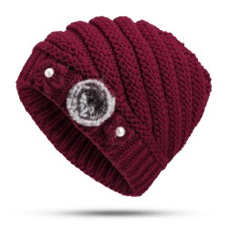 Winter Warm Fashion Lined Velvet Two Pearls Blossom Ball Knit Weaving Elegant Hat Beanie