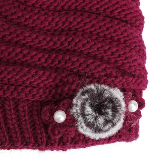 Winter Warm Fashion Lined Velvet Two Pearls Blossom Ball Knit Weaving Elegant Hat Beanie