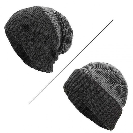 Winter Warm Plaid Fleecy Curlable Beanie Caps Outdoor Slouch Double Layers Knitted Hat