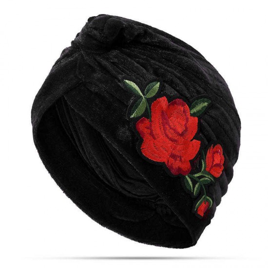 Winter Warm Vintage Flannelette Embroidered Beanie Caps Outdoor Ethnic Turban Hat for Women