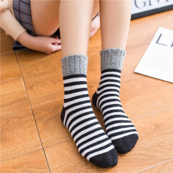 Winter Women Socks High Cuff Mouth Striped Wool Socks Casual Warm Thick Pile Heap Tube Socks