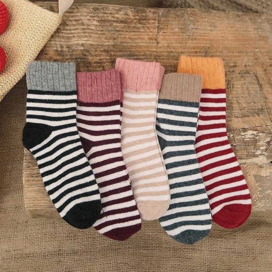 Winter Women Socks High Cuff Mouth Striped Wool Socks Casual Warm Thick Pile Heap Tube Socks