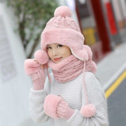 Winter Women Thicken Plus Velvet Knit Beanie Hat Scarf with Gloves Windproof Earmuffs Cap Suit