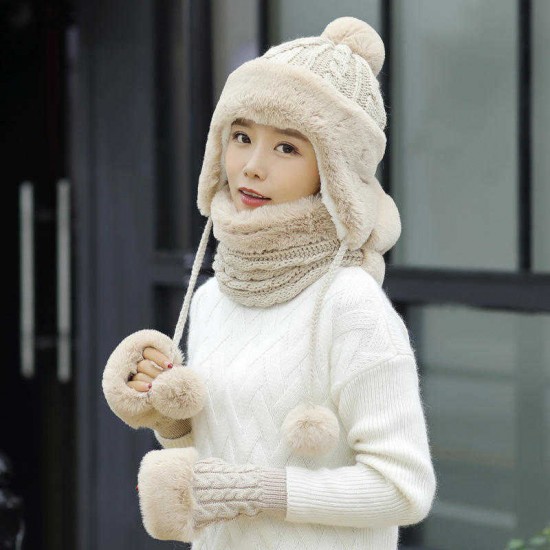 Winter Women Thicken Plus Velvet Knit Beanie Hat Scarf with Gloves Windproof Earmuffs Cap Suit