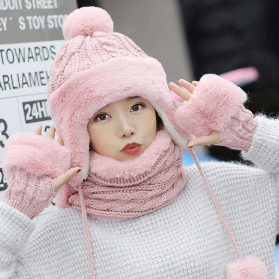 Winter Women Thicken Plus Velvet Knit Beanie Hat Scarf with Gloves Windproof Earmuffs Cap Suit