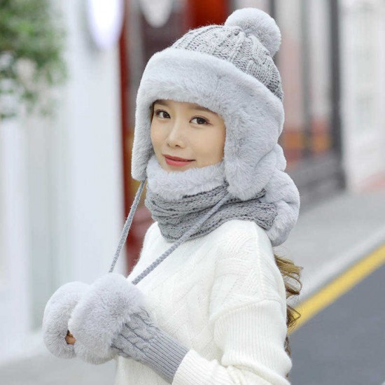 Winter Women Thicken Plus Velvet Knit Beanie Hat Scarf with Gloves Windproof Earmuffs Cap Suit