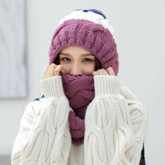 Winter Womens Thicken Plush Knit Beanie Hat Scarf Set Casual Patchwork Earmuffs Ski Skullcap