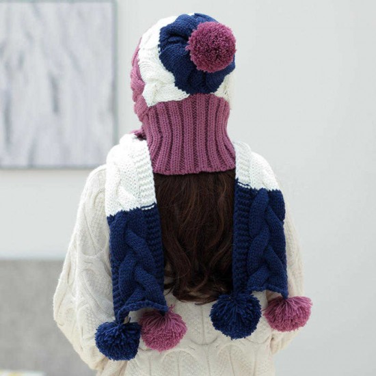 Winter Womens Thicken Plush Knit Beanie Hat Scarf Set Casual Patchwork Earmuffs Ski Skullcap