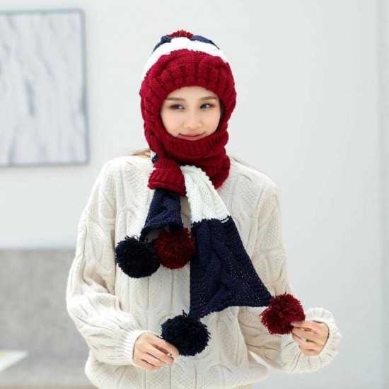 Winter Womens Thicken Plush Knit Beanie Hat Scarf Set Casual Patchwork Earmuffs Ski Skullcap