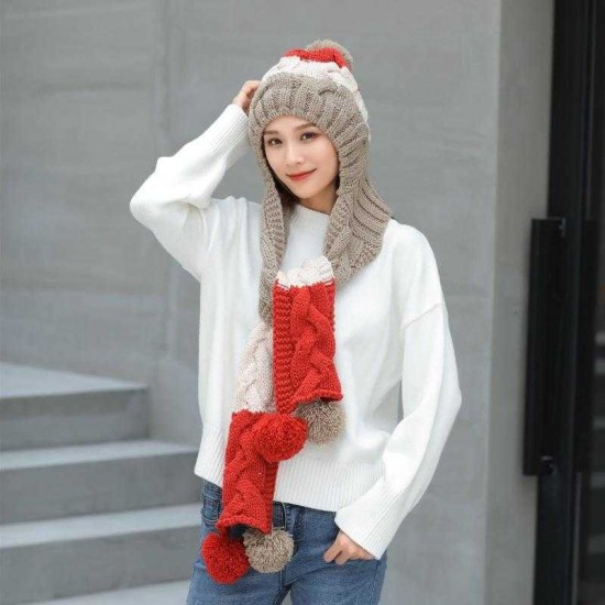 Winter Womens Thicken Plush Knit Beanie Hat Scarf Set Casual Patchwork Earmuffs Ski Skullcap