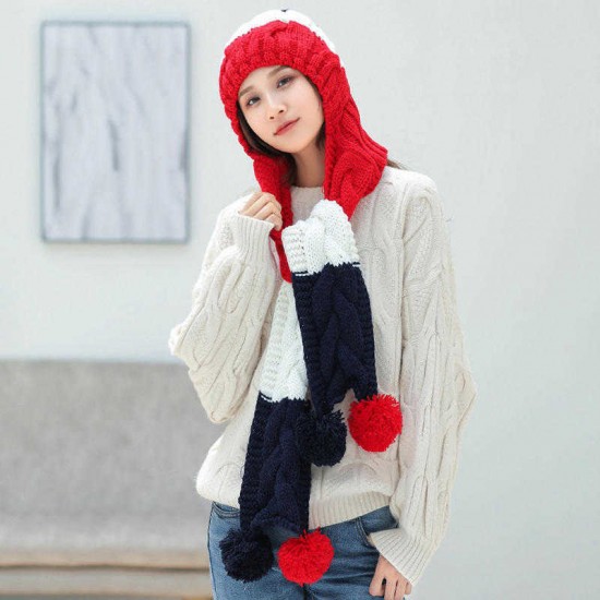 Winter Womens Thicken Plush Knit Beanie Hat Scarf Set Casual Patchwork Earmuffs Ski Skullcap