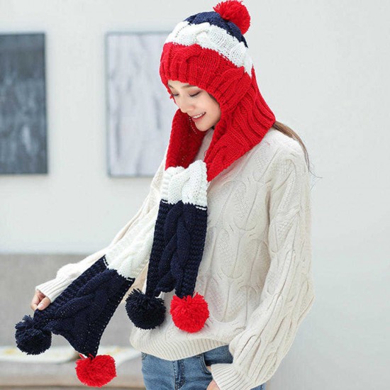 Winter Womens Thicken Plush Knit Beanie Hat Scarf Set Casual Patchwork Earmuffs Ski Skullcap