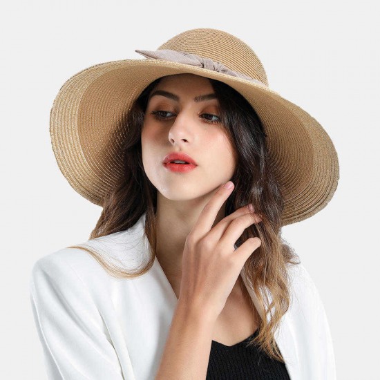 Woman Solid Color Cotton With Linen Bow Travel Holiday Sun Seaside Hat