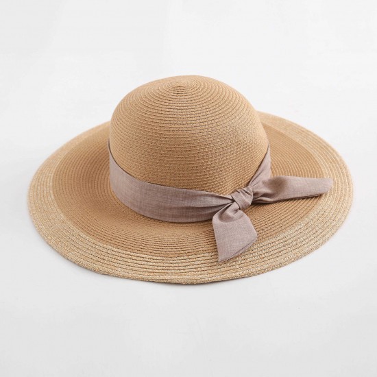 Woman Solid Color Cotton With Linen Bow Travel Holiday Sun Seaside Hat